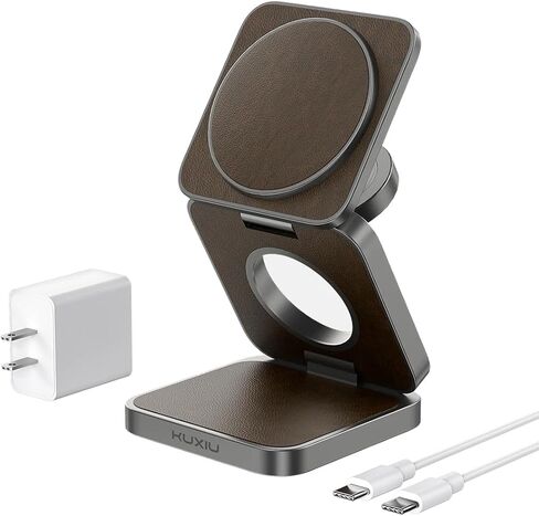 شاحن لاسلكي مغناطيسي KU XIU X40، محطة شحن لاسلكية 3 في 1 لأجهزة Apple، حامل شحن سريع قابل للطي بقدرة 15 وات لهاتف iPhone 15 14 13 12 Pro Max وساعة Apple، AirPods - خشب محبب in Kuwait