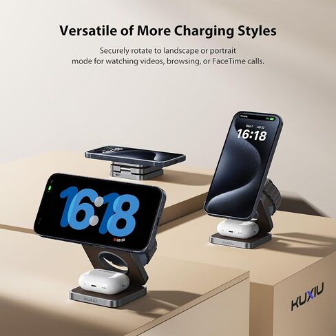 شاحن لاسلكي مغناطيسي KU XIU X40، محطة شحن لاسلكية 3 في 1 لأجهزة Apple، حامل شحن سريع قابل للطي بقدرة 15 وات لهاتف iPhone 15 14 13 12 Pro Max وساعة Apple، AirPods - خشب محبب in Kuwait