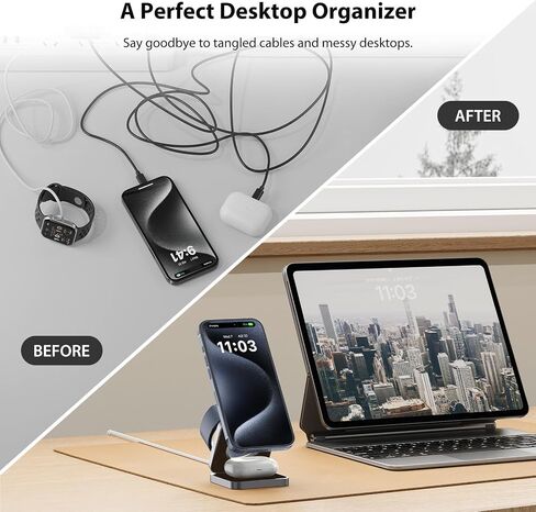 شاحن لاسلكي مغناطيسي KU XIU X40، محطة شحن لاسلكية 3 في 1 لأجهزة Apple، حامل شحن سريع قابل للطي بقدرة 15 وات لهاتف iPhone 15 14 13 12 Pro Max وساعة Apple، AirPods - خشب محبب in Kuwait