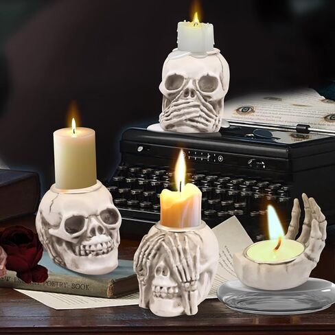 حامل شموع على شكل جمجمة، شمعدان جمجمة الهالوين، شمعدان رأس هيكل عظمي قوطي، حامل شمعدان ديكور جمجمة، لتزيين حفلات الهالوين العائلية (4 قطع) in Kuwait