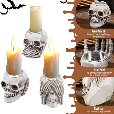 حامل شموع على شكل جمجمة، شمعدان جمجمة الهالوين، شمعدان رأس هيكل عظمي قوطي، حامل شمعدان ديكور جمجمة، لتزيين حفلات الهالوين العائلية (4 قطع) in Kuwait