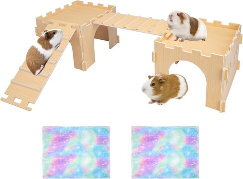 Guinea Pig Hideout,Guinea Pig House with Stairs and Waterproof Mats,Guinea Pig Cages Wooden Accessories Toys for Small Animals Hamsters Bunny Chinchillas Hiding Playing,Easy to Clean(Single) in Saudi Arabia