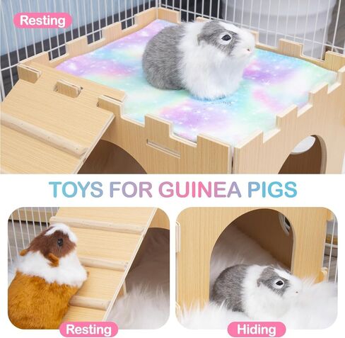 Guinea Pig Hideout,Guinea Pig House with Stairs and Waterproof Mats,Guinea Pig Cages Wooden Accessories Toys for Small Animals Hamsters Bunny Chinchillas Hiding Playing,Easy to Clean(Single) in Saudi Arabia