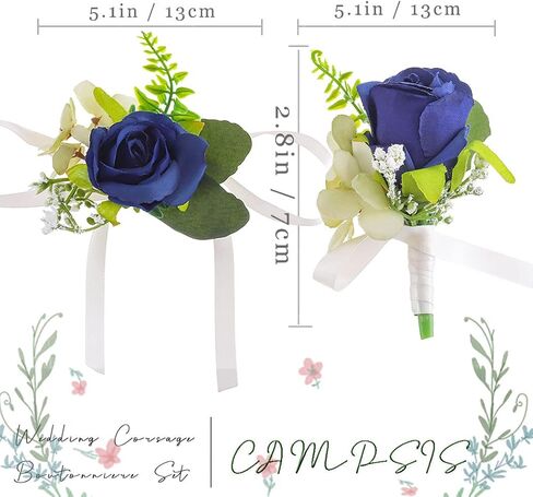 Campsis 2PCS الزفاف العروة مجموعة الأزرق الاصطناعي زهرة العروس زهرة السوار سوار والرجال العروة مجموعة الزهور المصنوعة يدويا اكسسوارات ديكور الزفاف العريس وصيف لحفلة عشاء حفلة موسيقية in Kuwait