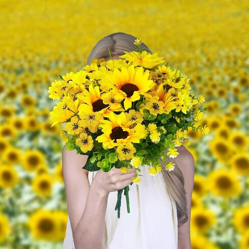 Sunflower Decor 2 Bouquets Artificial Sunflower, 15" Tall Silk Fake Sunflower for Home Wedding Outdoor, DIY Garden Craft Art Decor in Saudi Arabia