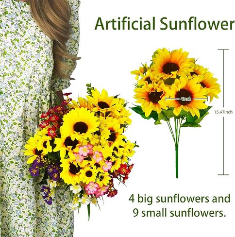 Sunflower Decor 2 Bouquets Artificial Sunflower, 15" Tall Silk Fake Sunflower for Home Wedding Outdoor, DIY Garden Craft Art Decor in Saudi Arabia