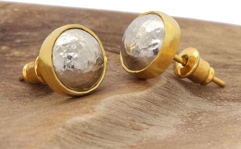 Caprixus 925 Sterling Silver Stud Earrings for Women Dome Pebble Stud Earrings 24K Gold Vermeil 2 Tone Gold and Silver Designer Handmade Hammered Minimalist Jewelry for Women Turkish Fine Jewelry in Saudi Arabia