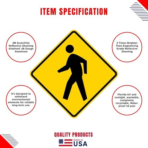 لافتة عبور المشاة من شركة Municipal Supply and Sign Co - مقاس 60.96 × 60.96 سم - صفائح 3M عاكسة للغاية لتعزيز الرؤية والسلامة، ضمان لمدة 10 سنوات in Kuwait
