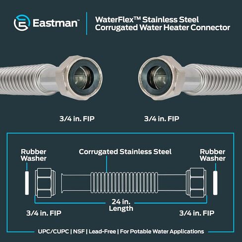 موصل سخان المياه WaterFlex مقاس 12 بوصة من Eastman، 3/4 بوصة FIP × 3/4 بوصة FIP، خط إمداد سخان المياه المموج من الفولاذ المقاوم للصدأ، 437012 in Saudi Arabia