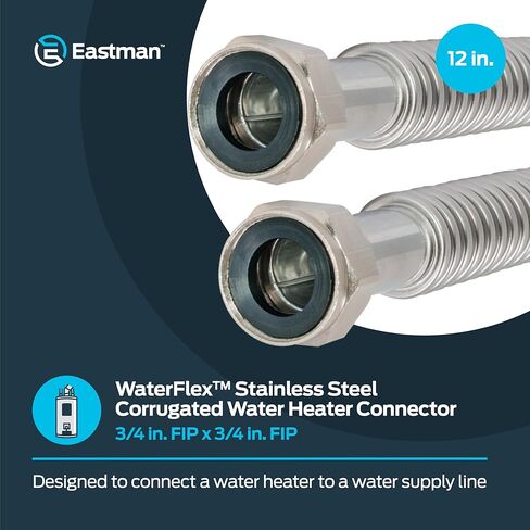 موصل سخان المياه WaterFlex مقاس 12 بوصة من Eastman، 3/4 بوصة FIP × 3/4 بوصة FIP، خط إمداد سخان المياه المموج من الفولاذ المقاوم للصدأ، 437012 in Kuwait