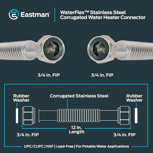 موصل سخان المياه WaterFlex مقاس 12 بوصة من Eastman، 3/4 بوصة FIP × 3/4 بوصة FIP، خط إمداد سخان المياه المموج من الفولاذ المقاوم للصدأ، 437012 in Kuwait