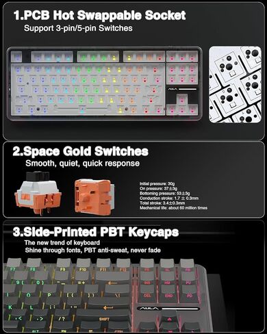 AULA F75 Pro Wireless Mechanical Keyboard,75% Hot Swappable Custom Keyboard with Knob,RGB Backlit,Pre-lubed Reaper Switches,Side Printed PBT Keycaps,2.4GHz/USB-C/BT5.0 Mechanical Gaming Keyboards in Kuwait