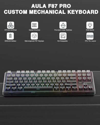 AULA F75 Pro Wireless Mechanical Keyboard,75% Hot Swappable Custom Keyboard with Knob,RGB Backlit,Pre-lubed Reaper Switches,Side Printed PBT Keycaps,2.4GHz/USB-C/BT5.0 Mechanical Gaming Keyboards in Kuwait
