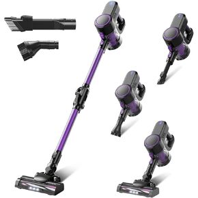 Cordless Vacuum Cleaner with Bendable Wand, Lightweight Stick Vacuum for Home Hardwood Floor Carpet Pet Hair, Brushless Motor, LED Headlight, Self-Standing, Rechargeable (Black & Red)