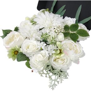 Artificial Flower Box Set for DIY Wedding Bridal Bouquet Centerpiece Arrangement Ceremony Party Baby Shower Home Decoration (Fake Faux Dahlia Peony Gardenia Daisy Rose Filler) (Pearl White)