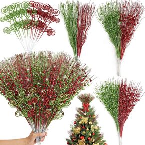 50pcs 17" Christmas Tree Picks, Christmas Tree Filler Decorations, Glitter Curly Berry Stems for Xmas Tree Wreath DIY Crafts Vase Filler Home Decor (Champagne)