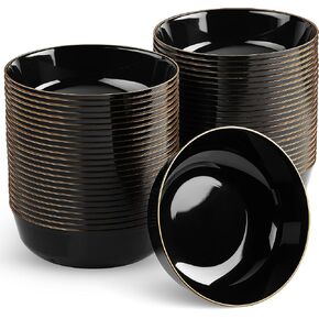 BloominGoods Disposable Plastic Soup Bowls, 50-Pack 14 Oz. Heavyweight Black With Gold Rim Bowls For Party, Wedding Or Event