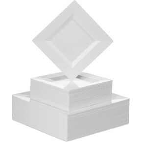 BloominGoods 100 PCS Disposable Plastic White Square Plates, 100-Pack 6.5 & 10 In. Combo Premium Heavy Duty Square Plastic Plates, Ideal For Wedding, Party, Event Or Catering