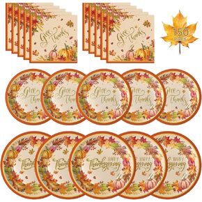 150 Pack Happy Thanksgiving Plates and Napkins Sets - Disposable Fall Paper Plates Napkins Dinnerware, Give Thanks Heavy Duty Dessert Dinner Plate for Thanksgiving Party Supplies Table Decor, Serve 50