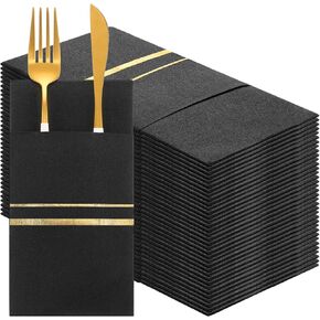 100 Pack Black Dinner Napkins Disposable Linen Feel Dinner Napkins with Built-in Flatware Pocket Gold Trim Lined Pre Folded Napkins Cloth Like Paper Napkins for Wedding Dinner Party Events