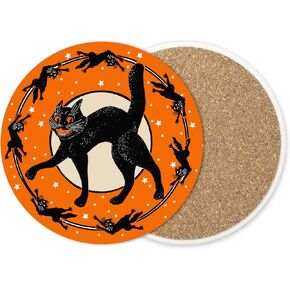 AnyDesign 4Pcs Halloween Coasters Black Cat Ceramic Drink Coasters Vintage Cup Mats for Home Kitchen Table Protection Housewarming Gift