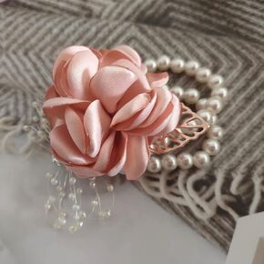 Jilukibo Pink Rose Flower Bridesmaid Wrist Corsage for Dance Party Wedding Ball Prom, Rhinestone Bridal Hand Ribbon Flower Suit Pearl Bracelet Decor Accessories (1 Pack)