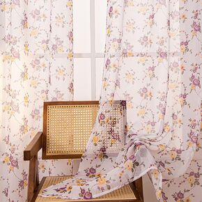 Sutuo Home Sheer Curtains 63 Inch Length 2 Panels Set, Vintage Floral Leaf Digital Printed Window Treatment Privacy Drapes Pair for Bedroom Living Room, Rod Pocket, 52" x 63", Purple Yellow