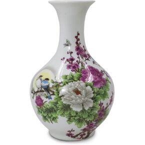 Dahlia Famille Rose Flower Vase, Handmade Chinese Porcelain, Birds in Peony #1, Rouleau Shape 14.5 Inches