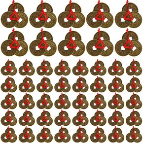 Peohud 150 Pieces Chinese Fortune Coins, 1 Inch Feng Shui Coins, Ancient Chinese Dynasty Coin with Red String for Chinese Lunar New Year Wealth, Good Luck, and Success, 50 Sets Coins