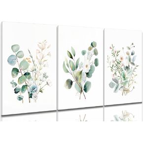 Framed Botanical Wall Art Set of 3 Sage Green Floral Canvas Prints Boho Watercolor Plants Painting Eucalyptus Leaf Pictures Minimalist Modern Home Decor for Living Room Bedroom Bathroom 12x16in
