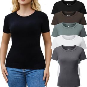 FMNNNN 5pcs Women's Ribbed Short Sleeve Slim Fit T Shirt Crew Neck Bodycon Crop Tunics Going Out Tops