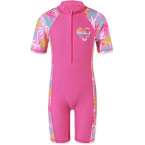 TFJH E Girls Short Sleeve Swimwear One Piece Bathing Suits UV 50+ Rash Guard Swimsuits 461 Navy Leaves Short 10A in Kuwait