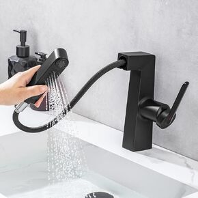 Bathroom Faucets for Sink 1 Hole, Single Handle Pull Down Bathroom Sink Faucet with 2 Modes, 360° Rotaty with Pull Out Sprayer, Modern Bathroom Sinks Faucet (Regular, Black)