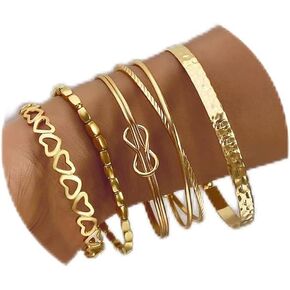 Gold Bangle Bracelets Set for Women Girls, 14k Gold Plated Multi Layer Stackable Cuff Bracelets, Personalized Boho Non Tarnish Adjustable Bangle Jewelry Gift for Her