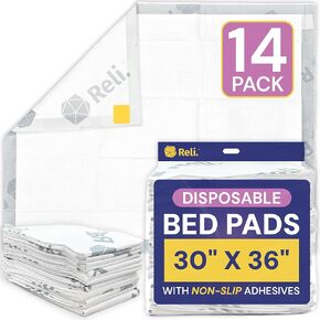 Reli. Disposable Bed Pads (14 Pack) | 30" x 36" | XL Bed Pads Disposable Adult | Incontinence Bed Pads w/ Non-Slip Adhesives | Absorbent Pee Pads for Adults, Seniors, Puppy | Waterproof Underpads