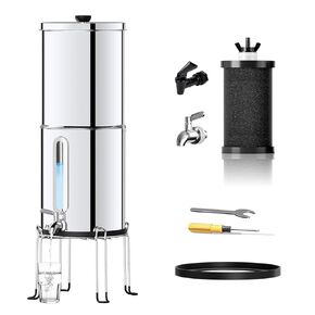 1G Gravity-fed Water Filter System - NSF/ANSI 42&372 Certified 18/8 Stainless Steel Countertop Water Filtration System - Water Level Window, Reduce 99% of Chlorine, for Camping, RVs