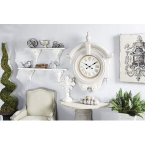 Deco 79 Fiberglass Scroll Decorative Wall Clock Carved Wall Clock for Home with Distressing, Wall Clock for Room 34" x 6" x 44", Cream