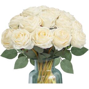 14pcs Realistic Roses Artificial Flowers for Outdoors Fake Flowers Wedding Flower Decor Birthday Gifts for Women Centerpiece Table Decorations (Ivory White)