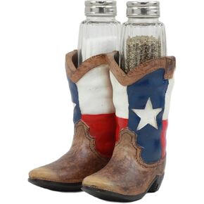 Ebros Western Cowboy Or Cowgirl Texas Flag Boots Salt And Pepper Shakers Set With Decorative Resin Display Holder Figurine And Glass Shakers Kitchen Two Step Spice Decor