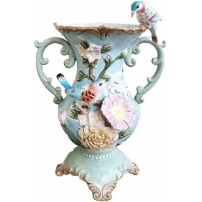 Ceramic Flower Vase, 3D Hand-Painted Flower and Bird Home Decor, Bouquet Holder-12.8H Inches Light Green