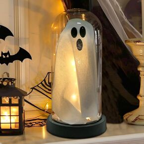 Aolamegs Halloween Decor Light Up Ghost Kit, Cute Ghost with Light in Glass Cloche, Indoor Halloween Tabletop Decorations for Home Kitchen Party Living Room Mantel