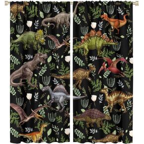 Kids Dinosaur Curtains, Dinosaur Cartoon Wild Animals Rod Pocket Window Treatments Drapes for Boys Girls Nursury Bedroom Living Room 42x45in