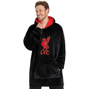 Liverpool F.C. Oversized Hoodie Blanket, Polyester and Sherpa Fleece-Lined Blanket Hoodie, Red Hoodie Blanket with Black Liverpool Team Logo, Oversized Blanket Hoodie for Men
