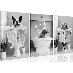 Bathroom Pictures Wall Decor Set of 2, Funny Bathroom Dog Posters Canvas Wall Art, Black and White Pictures Decor for Restroom Bathroom Home Decor - Framed 12x16 inch