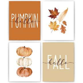 JWVK Hello Pumpkin Boho Fall Wall Art Prints Set of 4, Fall Wall Decor, Boho Fall Decor, Vintage Fall Pumpkin Autumn Leaves Posters Wall Decor for Home, Farmhouse Fall Decor, 8x10 Unframed