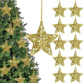 24 Pcs Gold 3D Glitter Star Ornaments for Christmas Tree 3D Small Star Pendant Five Pointed Star Ornaments Hanging for Xmas Tree Home Wedding Party Pentagram Decoration