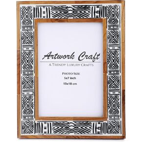 Handmade White Bone Photo Frame Geometric Painting Vintage Boho Wooden Picture Frames For Table-Top/Wall Decor (5x7 Inches, Ethnic Black)