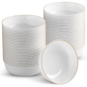 BloominGoods Disposable Plastic Soup Bowls, 50-Pack 14 Oz. Heavyweight White With Gold Rim Bowls For Party, Wedding Or Event in Kuwait