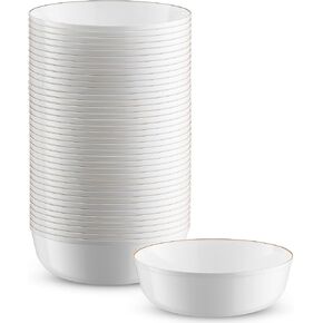 BloominGoods Disposable Plastic Soup Bowls, 50-Pack 14 Oz. Heavyweight White With Gold Rim Bowls For Party, Wedding Or Event