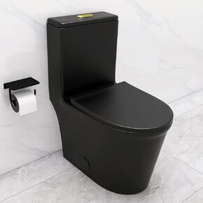 WinZo WZ5079BG Compact One Piece Toilet For Small Bathroom, Powerful Dual Flush Modern Tiny Toilet, 12'' Rough-In,23"D x 14.5"W x 29"H,Matte Black with Gold Button